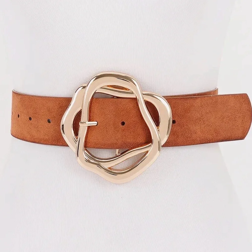 Suede Abstract Buckle Belt - Camel